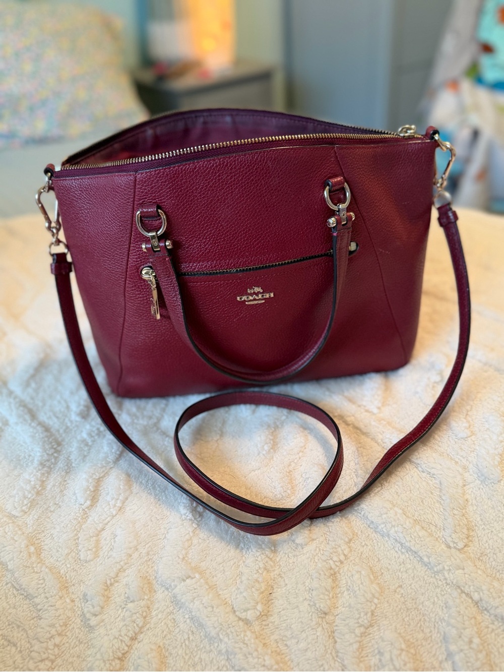 Coach Pebbled Leather Shoulder Satchel - Wine